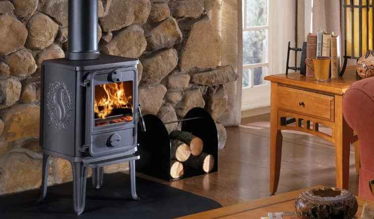 Cozy living room with wood stove - electric fireplace store in madison wisconsin